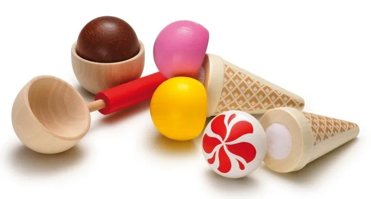 Erzi, drewniany zestaw do serwowania lodów