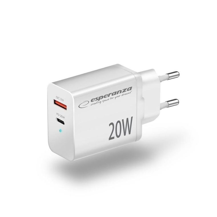 Esperanza, ładowarka sieciowa, biała, 20W, USB-C, PD 20W, USB-A, QC 3.0, 18W, EZC105W