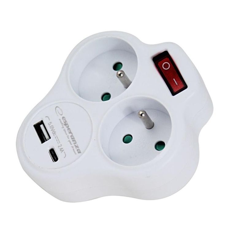 Esperanza, rozgałęźnik elektryczny, 2 gniazda, USB-C USB-A , biały, ELK311W