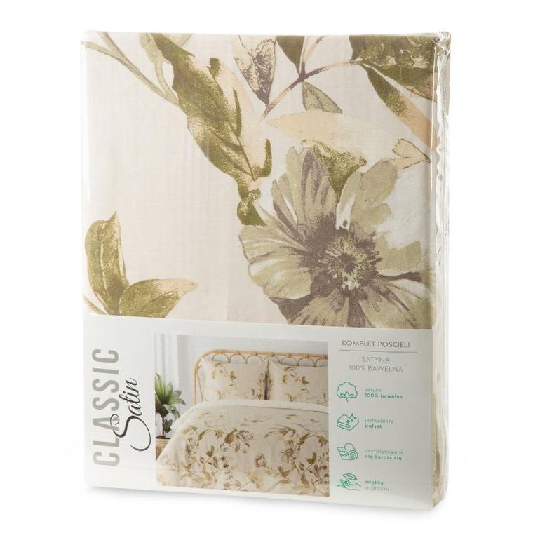 Eurofirany, komplet pościeli satynowej, Spring, 220-200 cm, beżowy