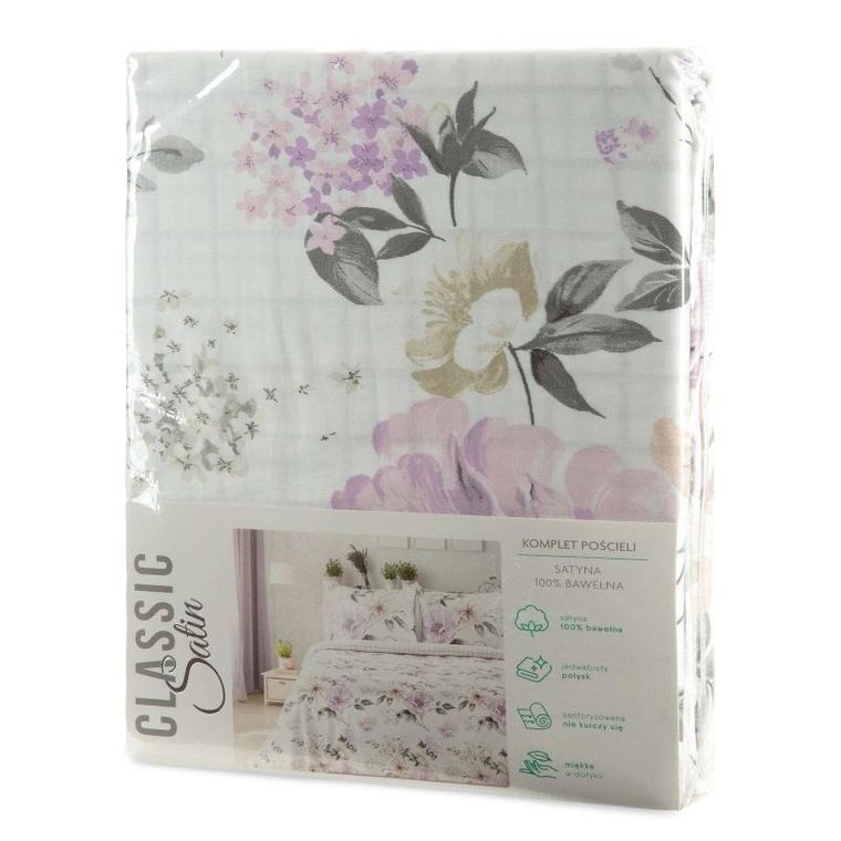 Eurofirany, komplet pościeli satynowej, Spring, 220-200 cm, biały