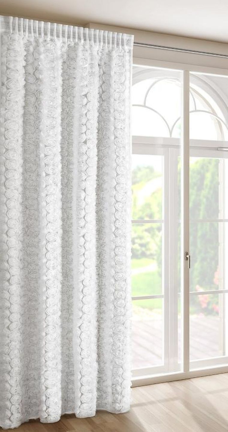 Eurofirany, zasłona gotowa, Roses, na taśmie, 140-270 cm, biały