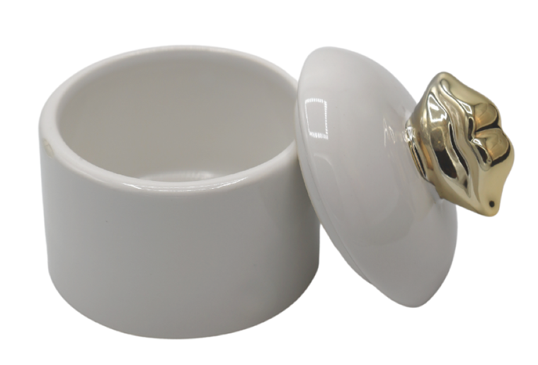 Ewax, puzderko ceramiczne białe ze złotymi ustami, 8.2-8.2-9.8 cm