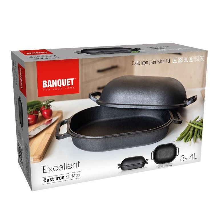 Excellent, brytfanna żeliwna, owalna z pokrywką, czarna, 39-26-14 cm, 3 + 4 l