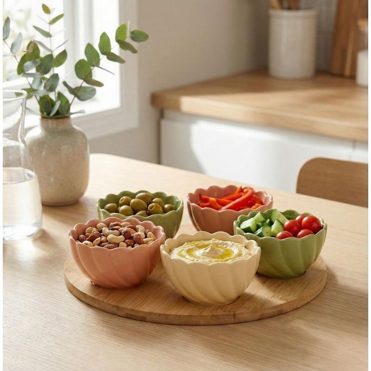 Excellent Houseware, 5 miseczek na przekąski kwiatki na bambusowej tacy