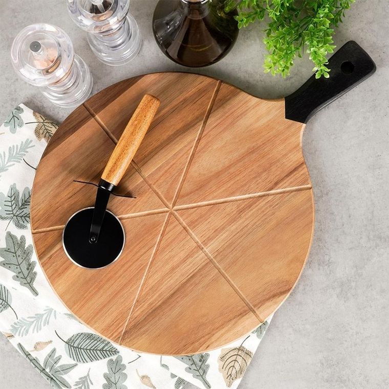 Excellent Houseware, deska do pizzy Drewniana okrągła z nożem, 30 cm