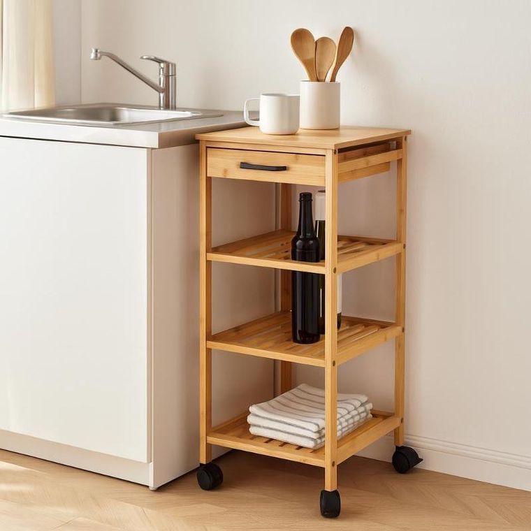 Excellent Houseware, Fero, bambusowy wózek kuchenny, 4 poziomy z szufladą, 30-30-73 cm