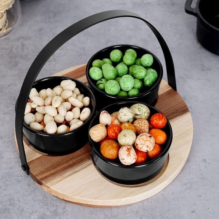 Excellent Houseware, miseczki ceramiczne do dipów, na przekąski, na tacy drewnianej, czarne, 4 elementy