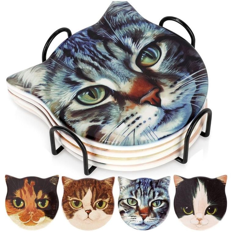 Excellent Houseware, podstawki pod kubek, w stojaku, kot, 4 szt.