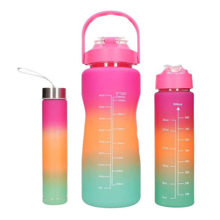 Extralink, bidon motywacyjny, zestaw 3w1, różowo-pomarańczowy, 2000 ml+900 ml+300 ml