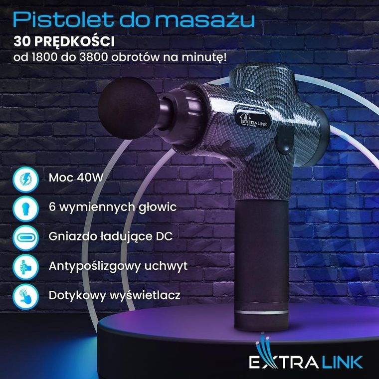 Extralink Massage Gun Pro, pistolet do masażu, 3800 RPM, 6 końcówek