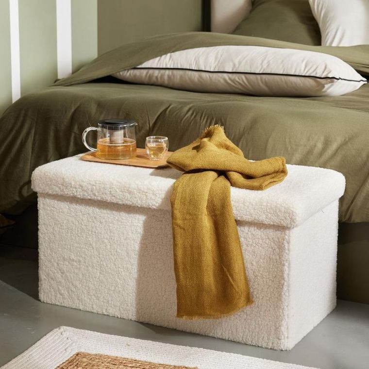 Factory, Matcha, składana ławka z tkaniny bouclé, 76-38 cm