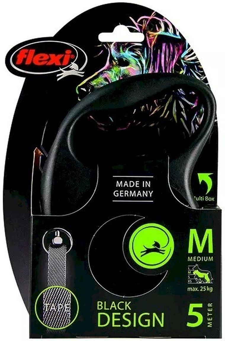 Flexi Black Design, smycz taśmowa, rozmiar M, 5m, czarna