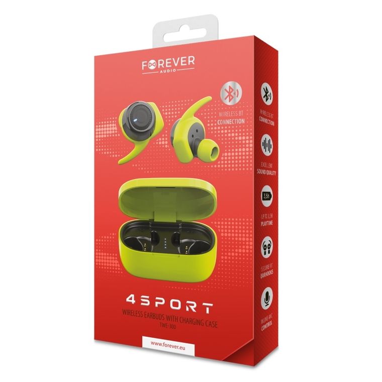 Forever 4Sport, słuchawki bluetooth z etui ładującym, TWE-300, zielone