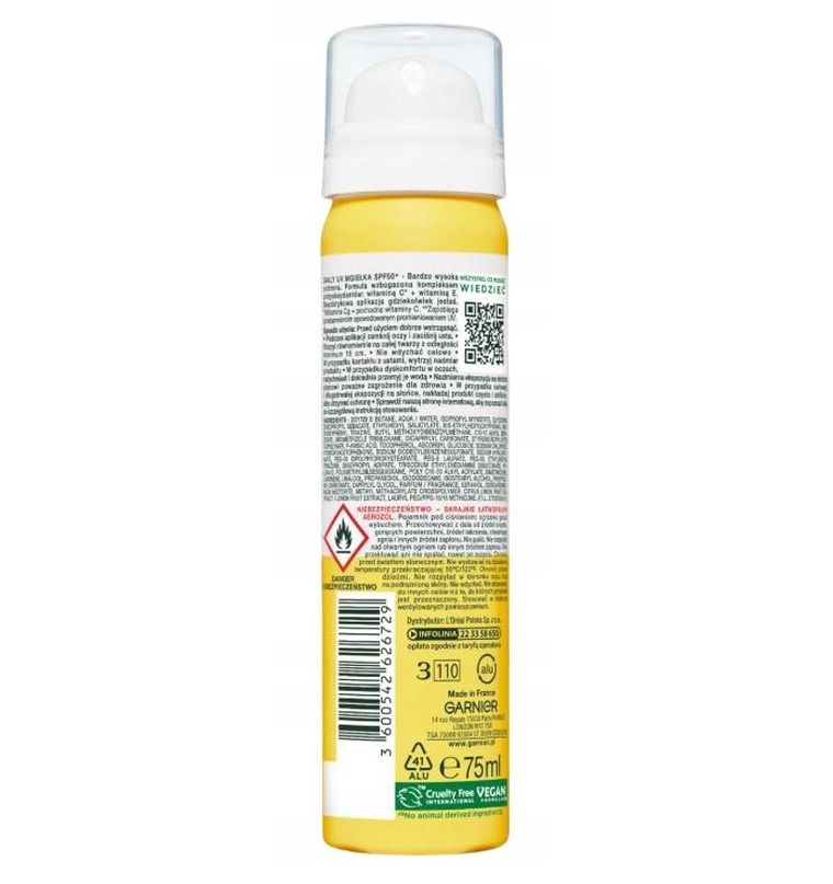 Garnier, Vitamin C, rozświetlająca mgiełka ​​UV na makijaż z SPF 50+ i witaminą C, 75 ml