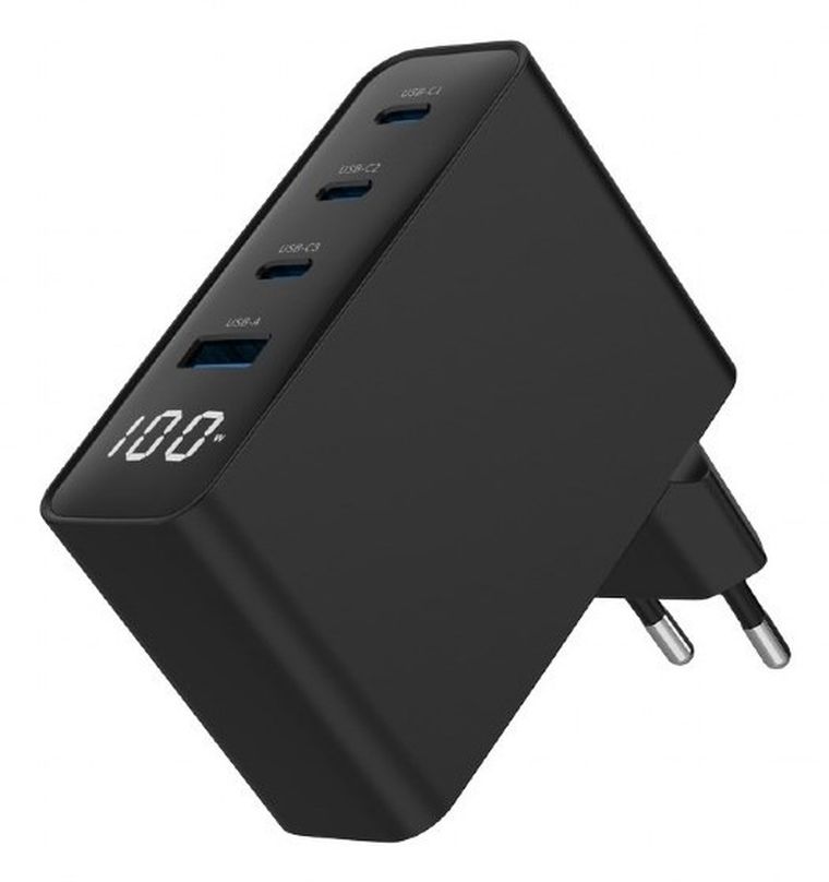 Gembird, szybka ładowarka sieciowa, 2-portowa, USB-A + USB TYP-C, 100W, czarna
