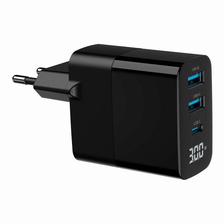 Gembird, szybka ładowarka sieciowa, 3-portowa, USB-A + USB TYP-C, 30W, LCD, czarna