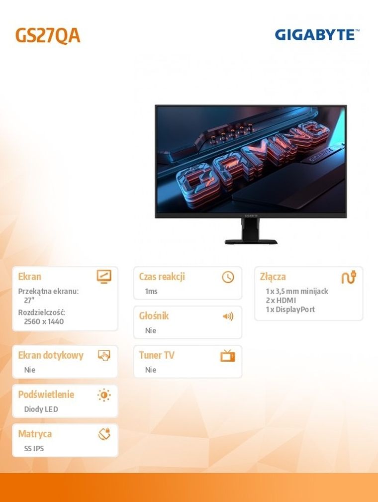 Gigabyte, monitor, 27", GS27QA