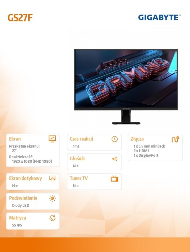 Gigabyte, monitor, LED, 27", GS27FA, 180Hz