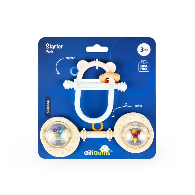 GiliGums, zestaw startowy: gryzak i grzechotka, beżowy