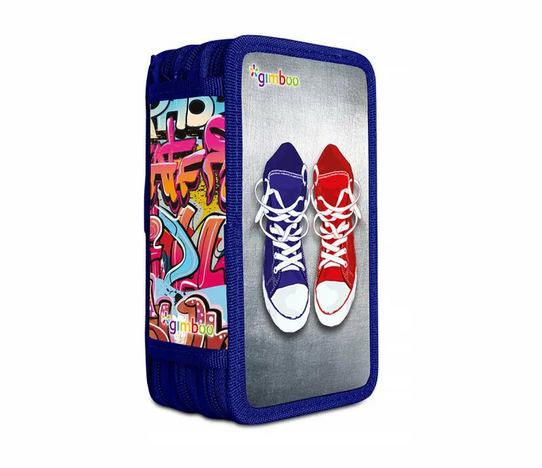 Gimboo, piórnik szkolny z wyposażeniem, graffiti, niebieski