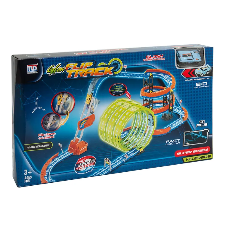Glow Flip Track, tor samochodowy, świecący w ciemności, zestaw z pojazdem