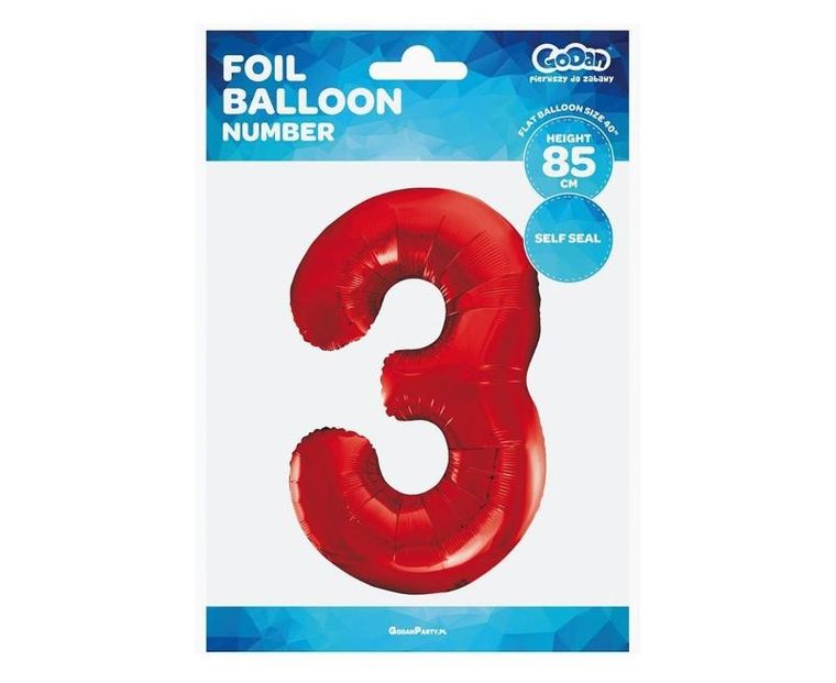 Godan, balon foliowy cyfra 3, czerwona, 85 cm