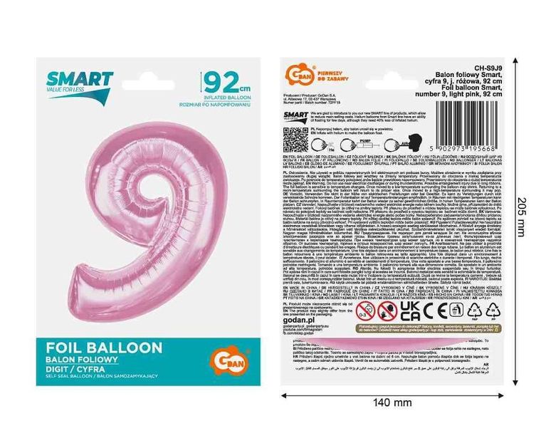 Godan, balon foliowy, cyfra 9 jasnoróżowa Smart, 92 cm