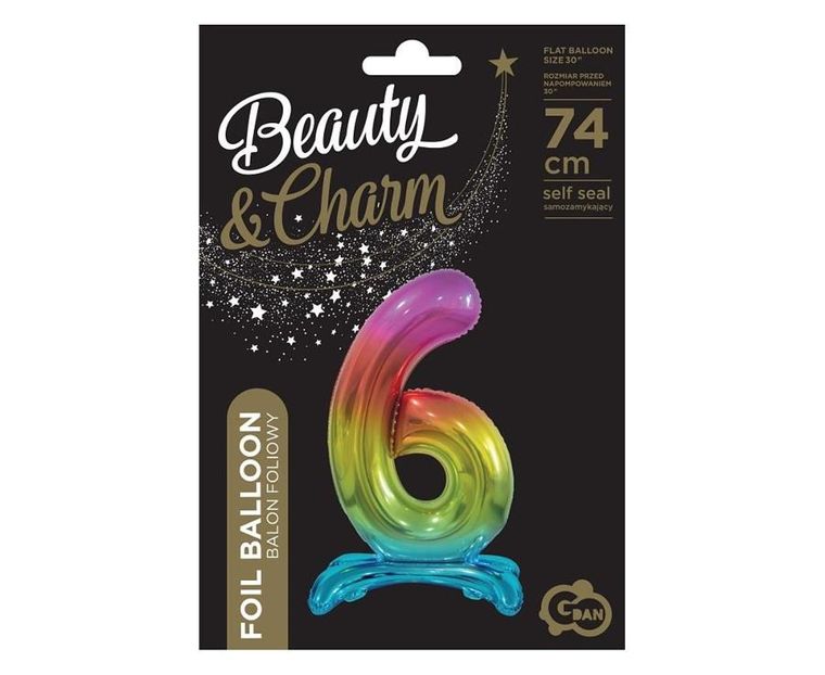 Godan, B&C, balon foliowy, stojąca cyfra 6, tęczowa, 74 cm