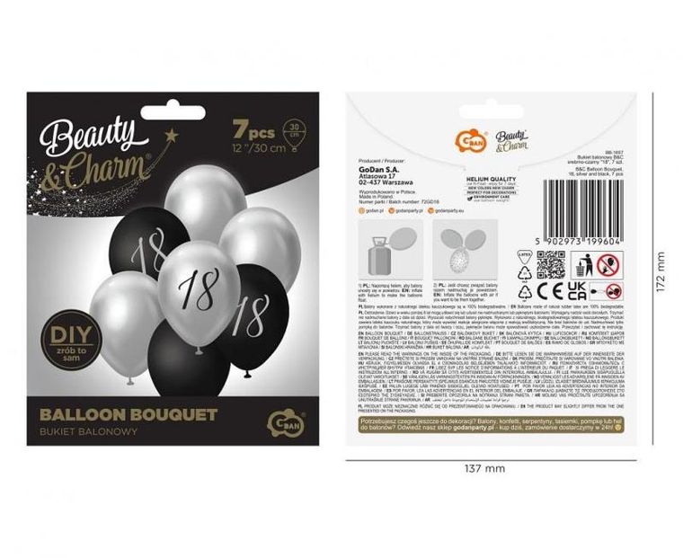 GoDan, Beauty&Charm, balony, bukiet, srebrno-czarny, 45 cm, 7 szt.