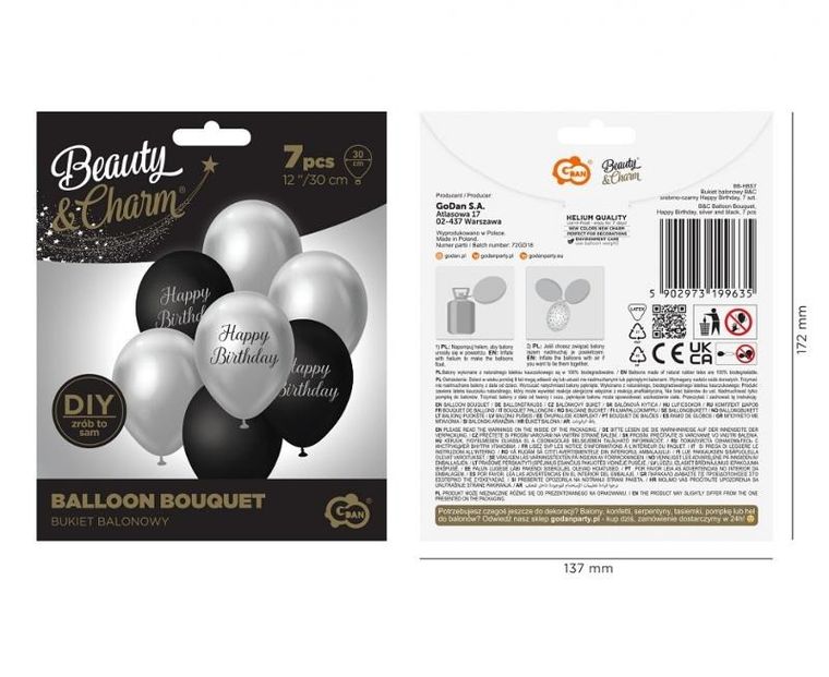 GoDan, Beauty&Charm, balony, srebrno-czarny, Happy Birthday, 7 szt.