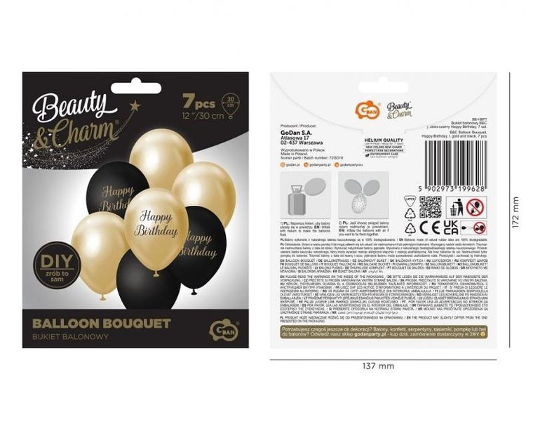 GoDan, Beauty&Charm, balony, złoto-czarny, Happy Birthday, 7 szt.