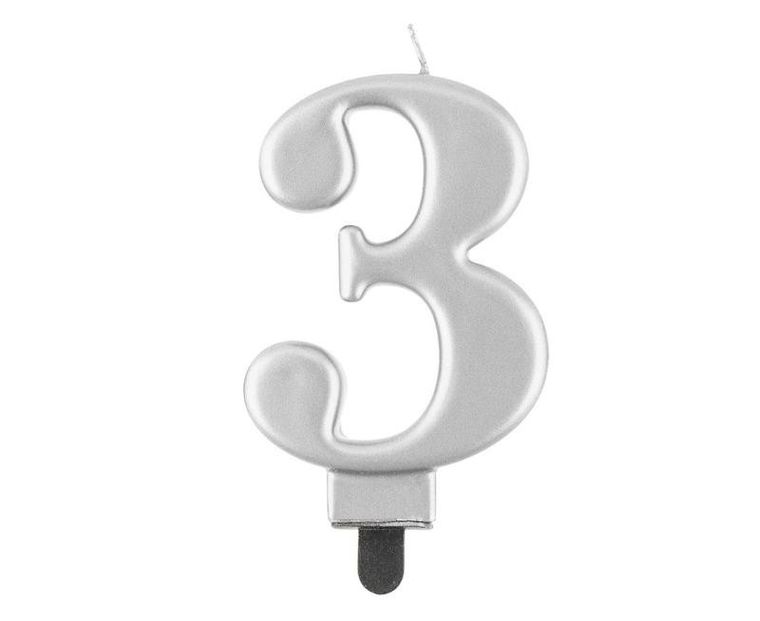 GoDan, Beauty&Charm, świeczka, cyfra 3, metaliczna, srebrna, 8 cm