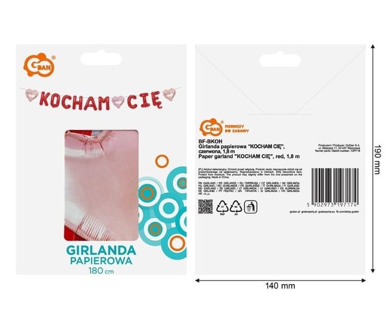GoDan, girlanda papierowa, Kocham Cię, czerwona, 1,8m