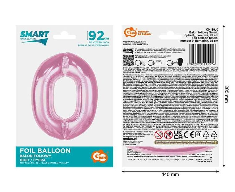 GoDan, Smart, balon foliowy, cyfra 0, jasnoróżowa, 92 cm