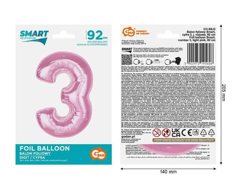GoDan, Smart, balon foliowy, cyfra 3, jasnoróżowa, 92 cm