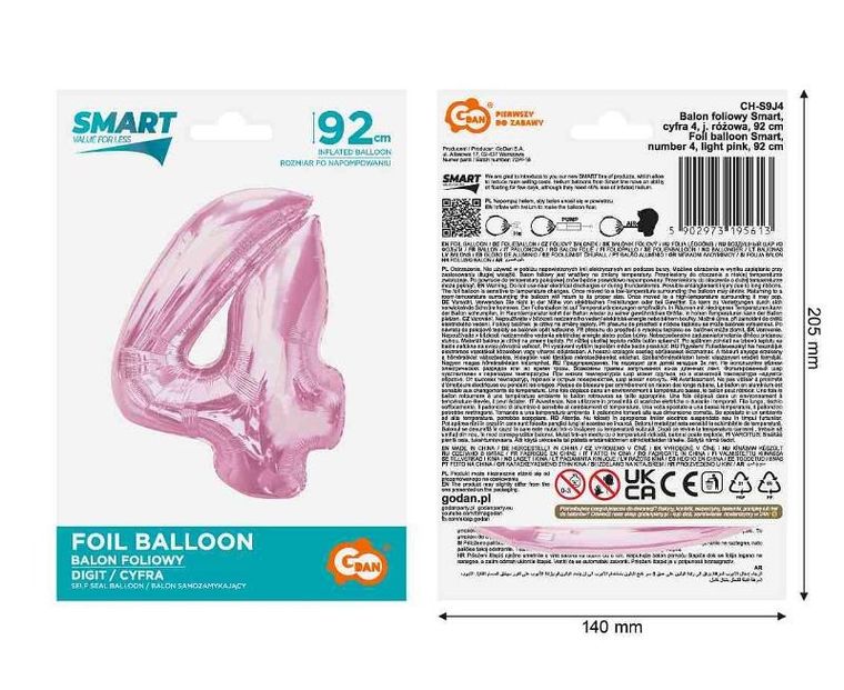 GoDan, Smart, balon foliowy, cyfra 4, jasnoróżowa, 92 cm