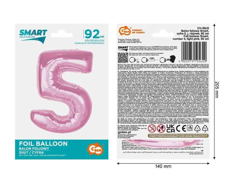 GoDan, Smart, balon foliowy, cyfra 5, jasnoróżowa, 92 cm