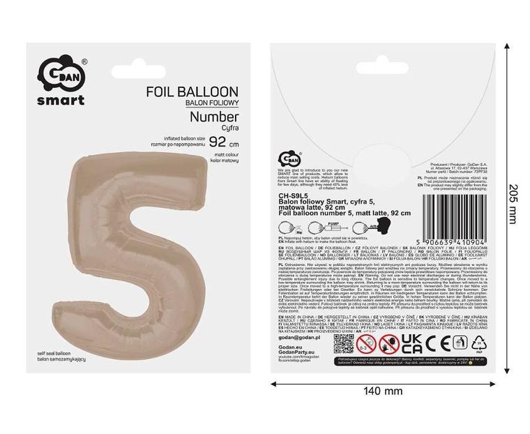 Godan, Smart, balon foliowy, cyfra 5 matowa latte, 92 cm