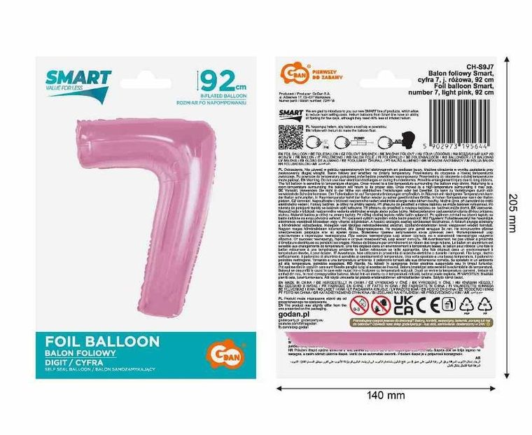 GoDan, Smart, balon foliowy, cyfra 7, jasnoróżowa, 92 cm
