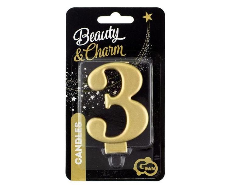 Godan, świeczka cyferka 3, Beauty&Charm metalik złota, 8 cm