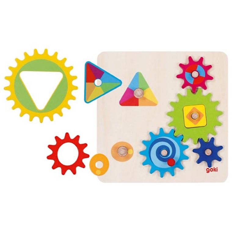 Goki, tęczowe koła zębate, drewniana układanka
