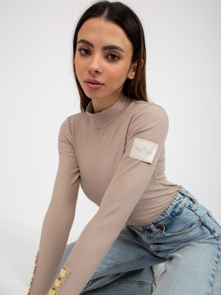 Golf damski z długim rękawem, prążkowany, beżowy, Och Bella