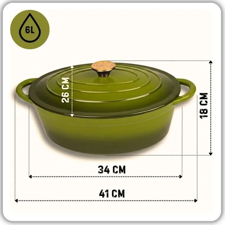 Hage, brytfanna żeliwna, emaliowana, gęsiarka, oliwkowa, 6l