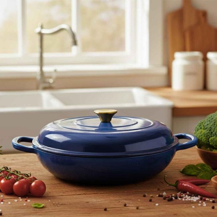 Hage, garnek żeliwny, emaliowany, płaski, niebieski, 30 cm, 3l