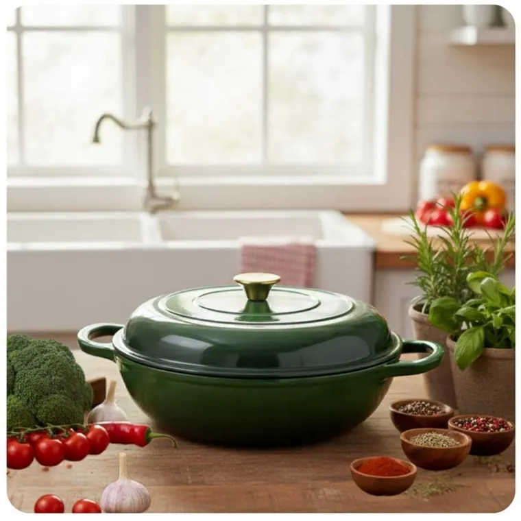 Hage, garnek żeliwny, emaliowany, płaski, zielony, 30 cm, 3l