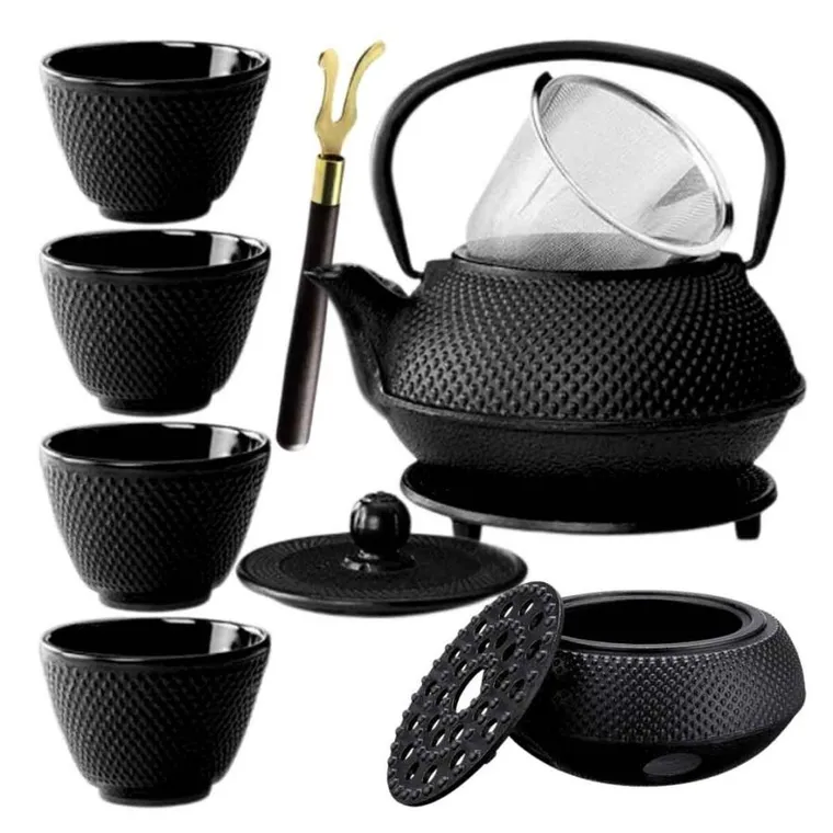 Hage, zestaw dzbanek żeliwny, z filiżankami i podgrzewaczem, czarny, 4-60 ml, 900 ml