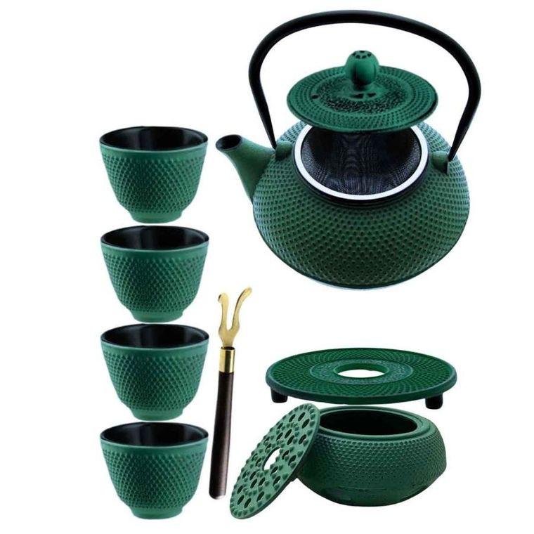Hage, zestaw dzbanek żeliwny, z filiżankami i podgrzewaczem, zielony, 4-60 ml, 900 ml