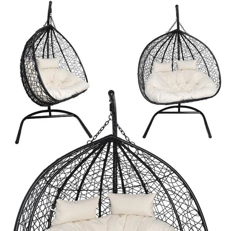 HaloFuture, fotel wiszący, dwuosobowy, kokon, czarny, beżowa poduszka