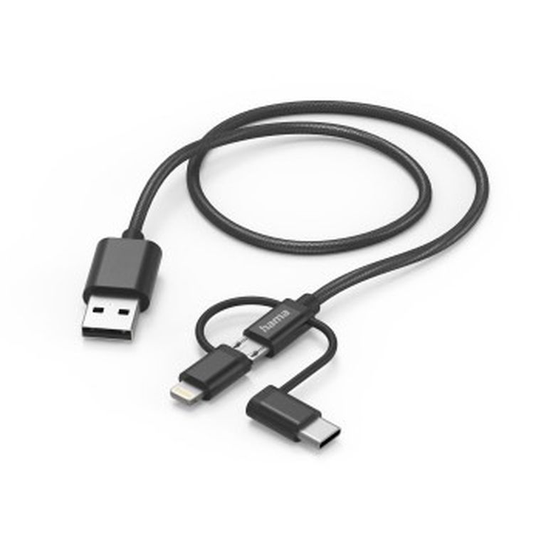 Hama, adapter 3w1 micro USB, typ-c/lightning 1.5m, czarny